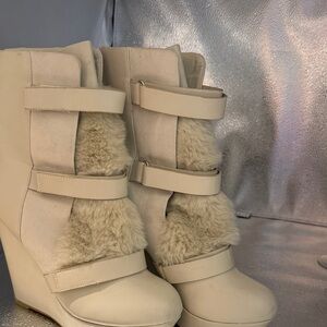 Women's Cream Wedge Boots with Faux Fur